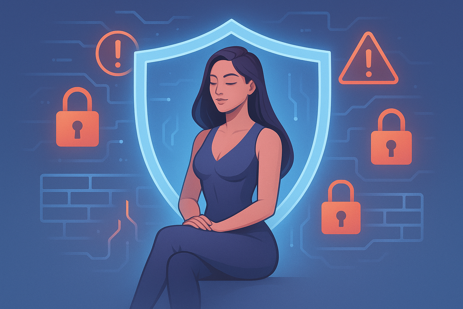 A confident woman surrounded by glowing padlocks and a security shield icon, representing Lovefy’s strong commitment to user safety and content moderation in AI porn chat.