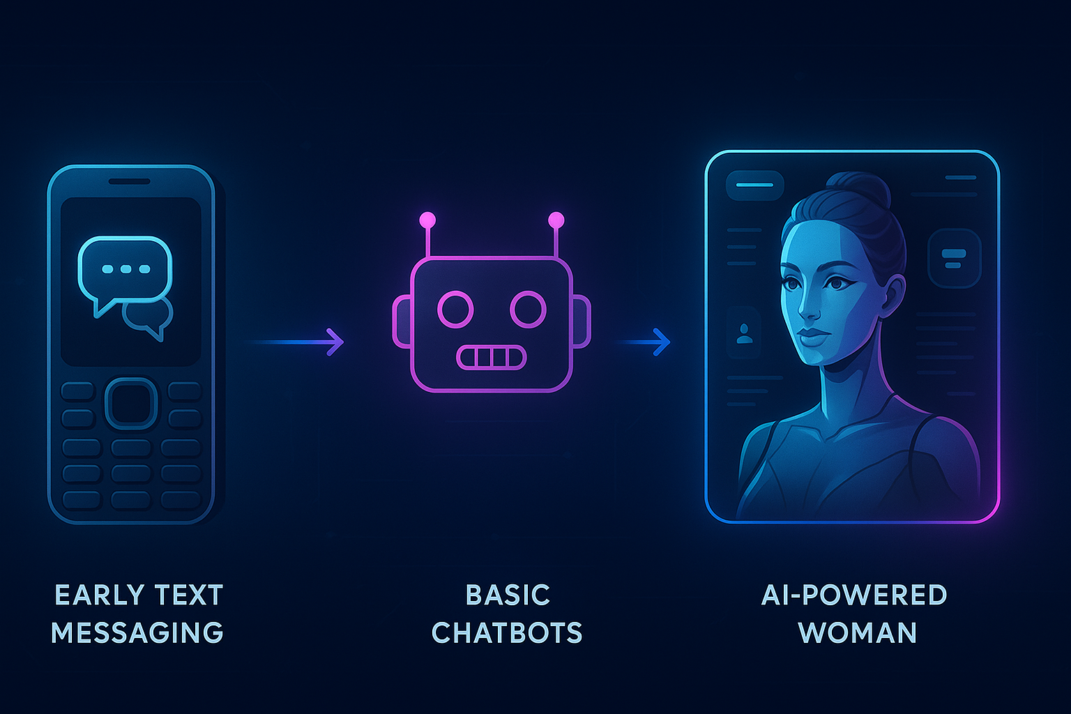 A stylized timeline illustrating the evolution of AI adult chat technologies, from basic bots to immersive, realistic AI-driven experiences.