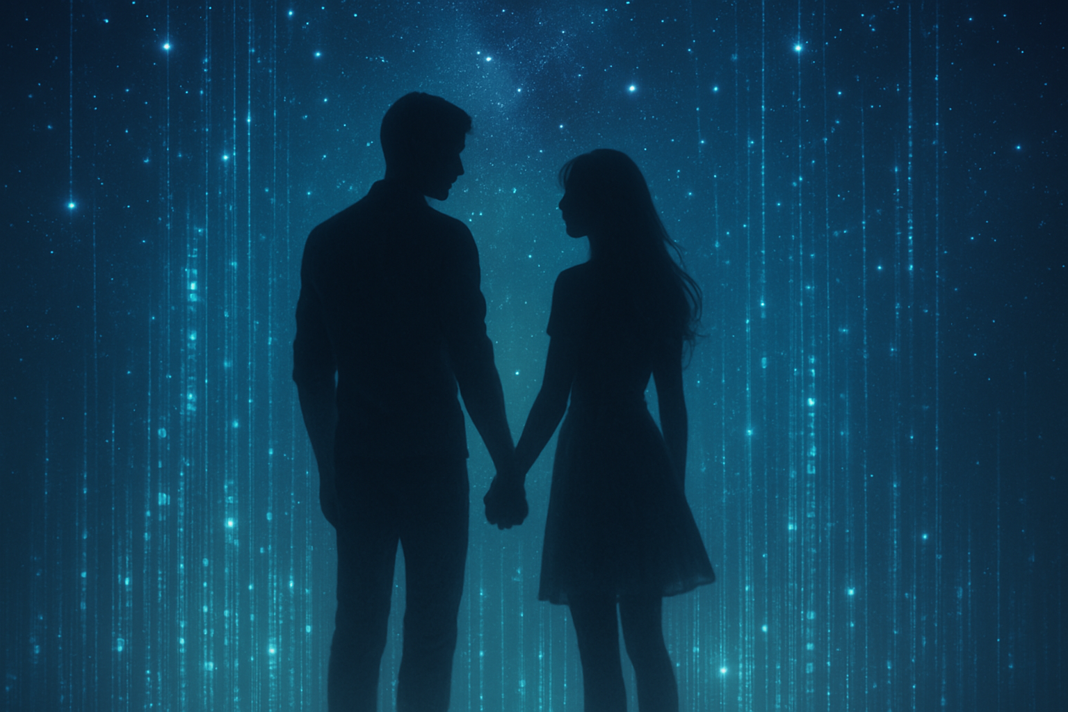 Digital couple silhouette in a virtual romantic environment
