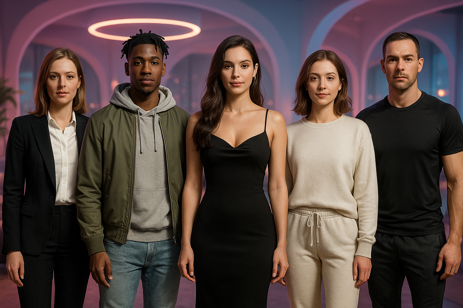 Lineup of five AI-generated virtual characters, both male and female, in different outfits and styles, showcasing Lovefy’s variety of personalities for SFW and NSFW chats.