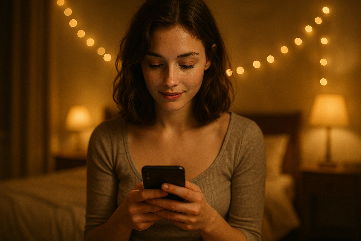 AI-generated female virtual character taking a playful selfie in a cozy bedroom, representing Lovefy’s exclusive SFW and NSFW image feature.