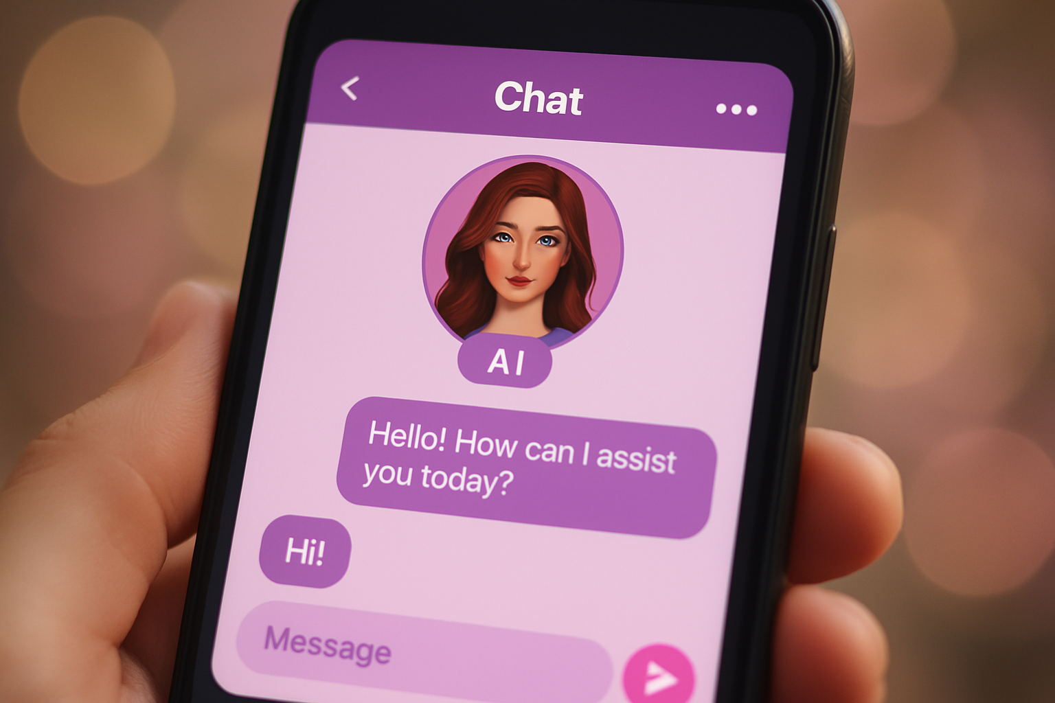 Smartphone screen close-up showing chat with an AI-generated female character on Lovefy, highlighting private and secure AI sexting.
