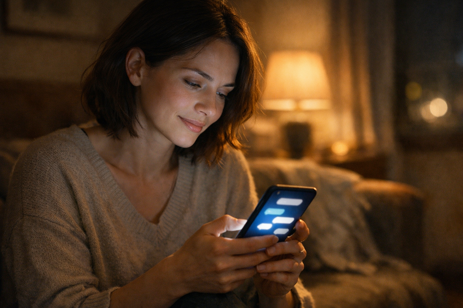 Person using a smartphone at night in a private setting, illustrating virtual intimacy and emotional connection through an NSFW AI chatbot conversation