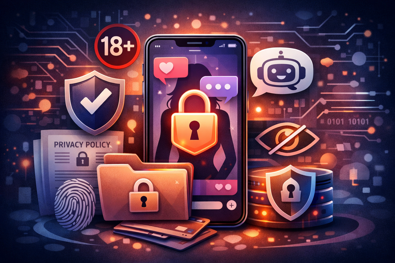 Illustration symbolizing privacy and safety in NSFW AI chatbot platforms, with a smartphone and abstract security elements representing responsible adult AI chat