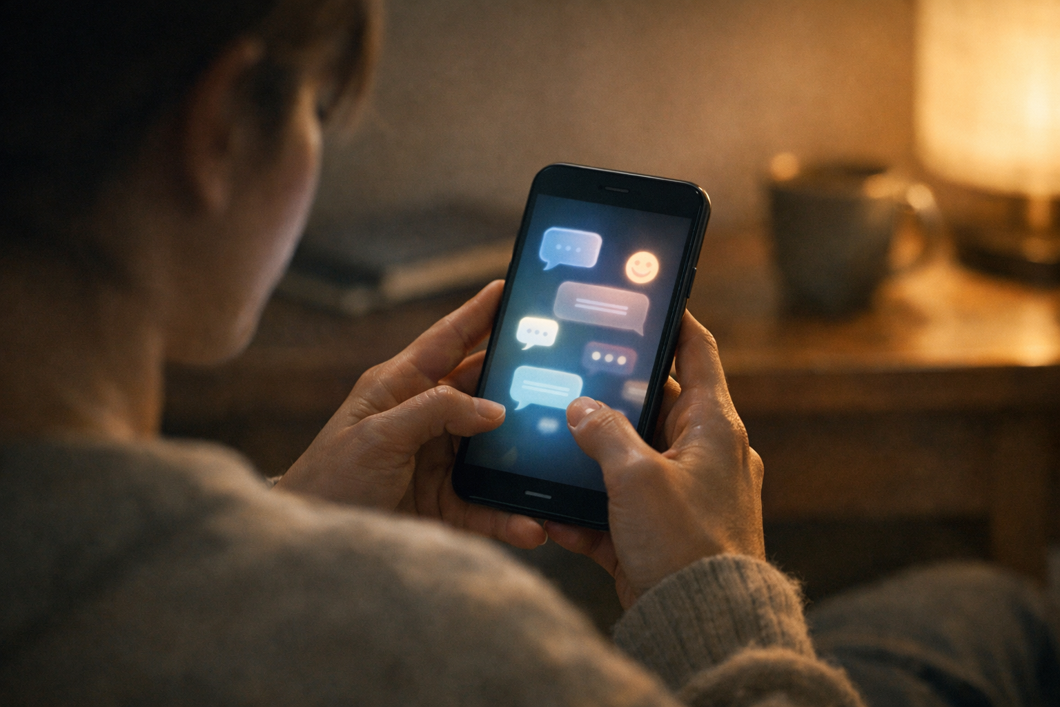 Person using a smartphone in a private setting, representing users exploring AI character platforms and conversational AI alternatives