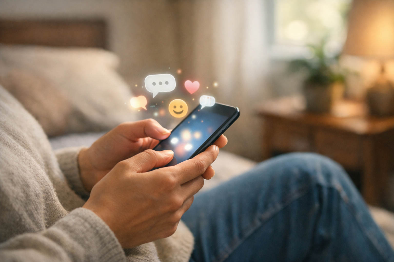 Person using a smartphone in a daily life setting, illustrating natural messaging flow and emotional presence in an AI girlfriend app
