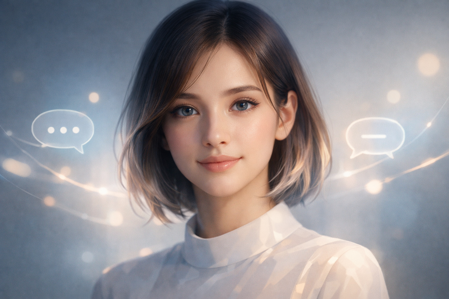 Stylized virtual AI companion portrait representing immersive conversation, emotional continuity, and personalized interaction in an AI girlfriend app