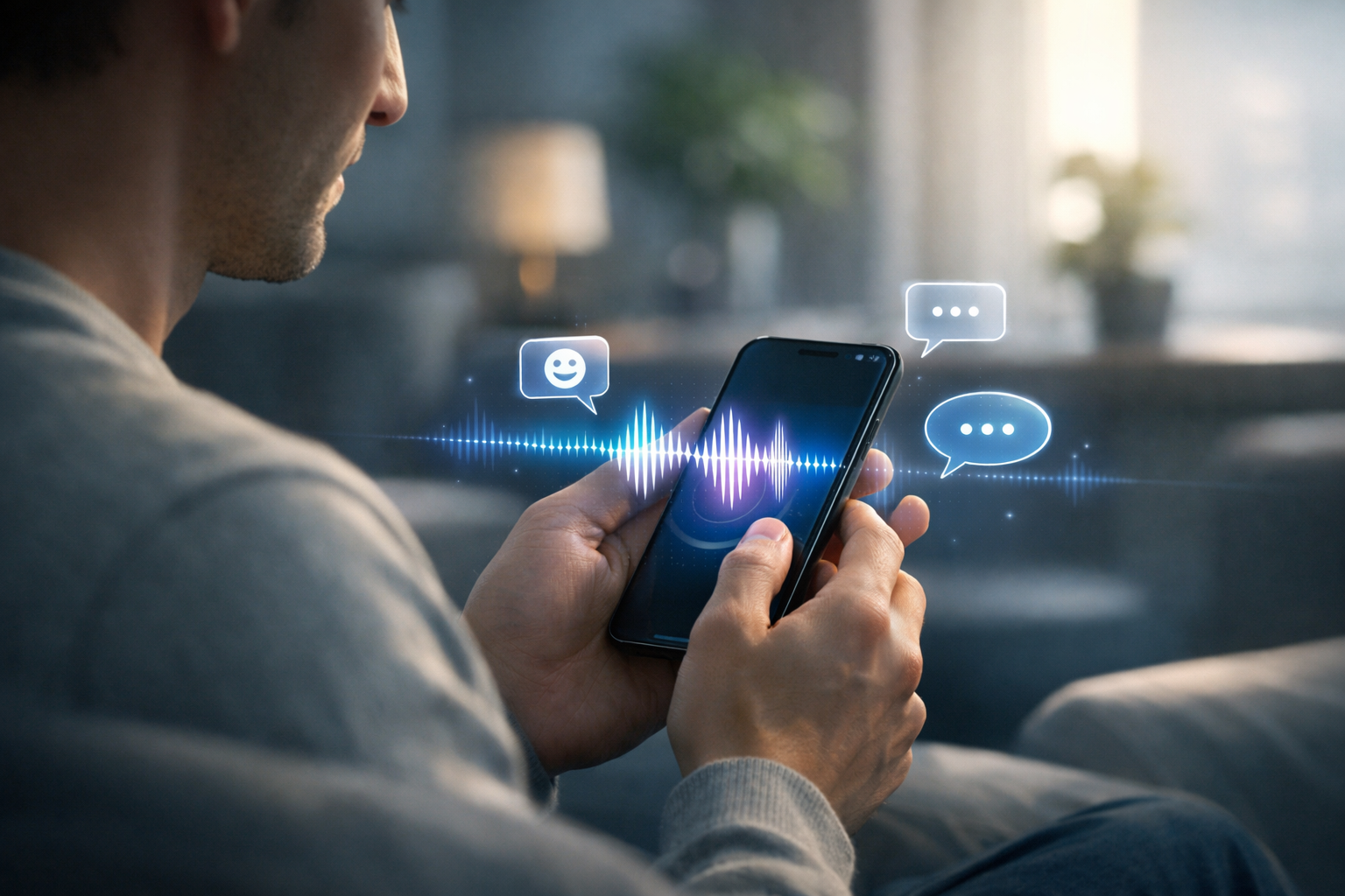 Conceptual illustration showing the evolution of AI companionship, with smartphone interaction representing text, voice, and immersive communication