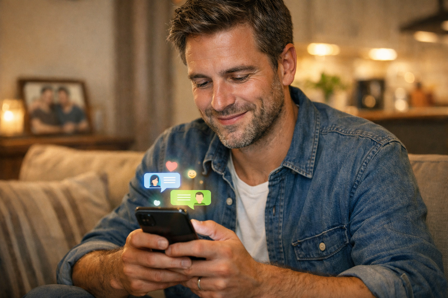 Adult man using a smartphone in a private setting, representing everyday messaging and emotional connection in a gay NSFW AI chat experience