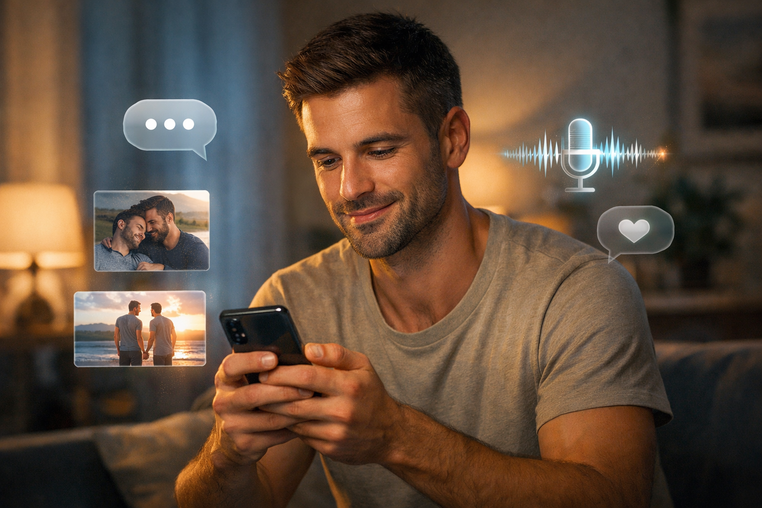 Man holding a smartphone with visual elements symbolizing chat, images, and voice interaction in an immersive gay AI chat experience