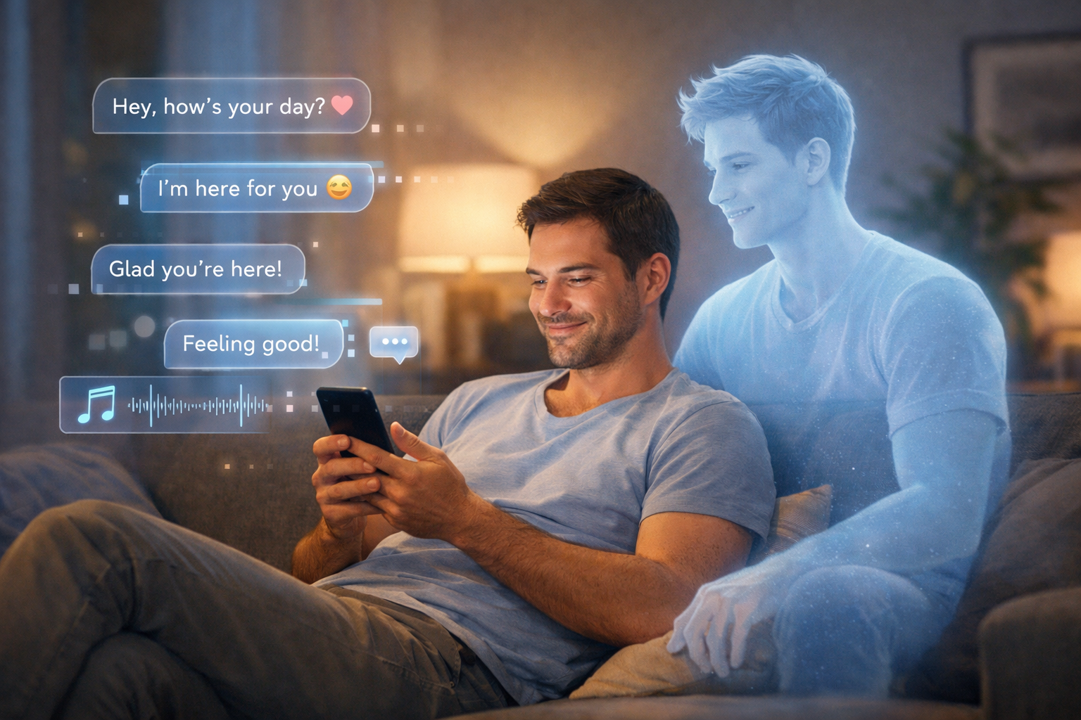 Illustration of a man interacting with a gay AI companion through a messaging-style chat interface.