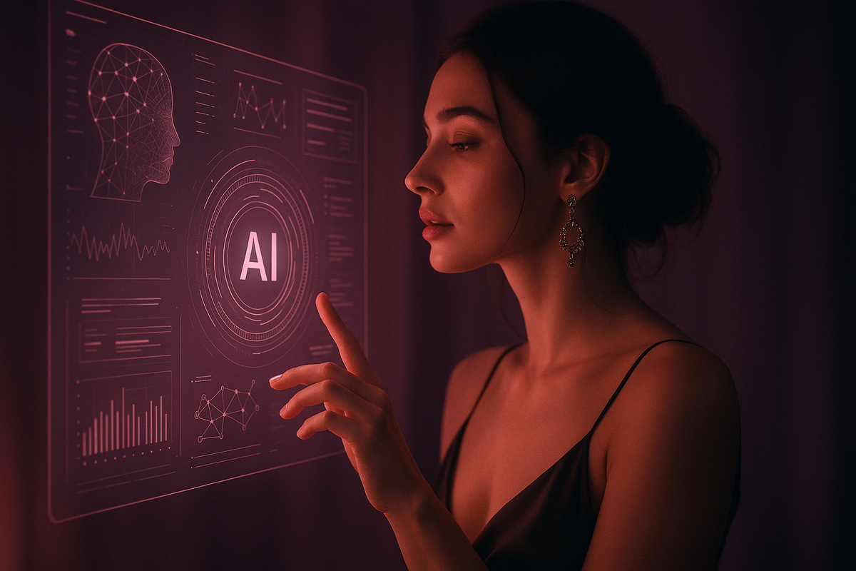 A realistic AI-generated woman using a digital chat interface in a futuristic neon-lit environment, symbolizing the concept of AI porn chat.