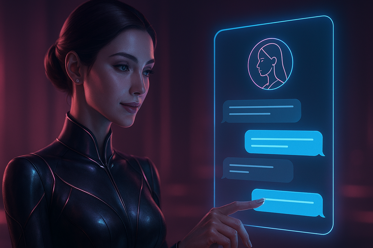 AI girlfriend interacting via holographic chat interface on Lovefy app