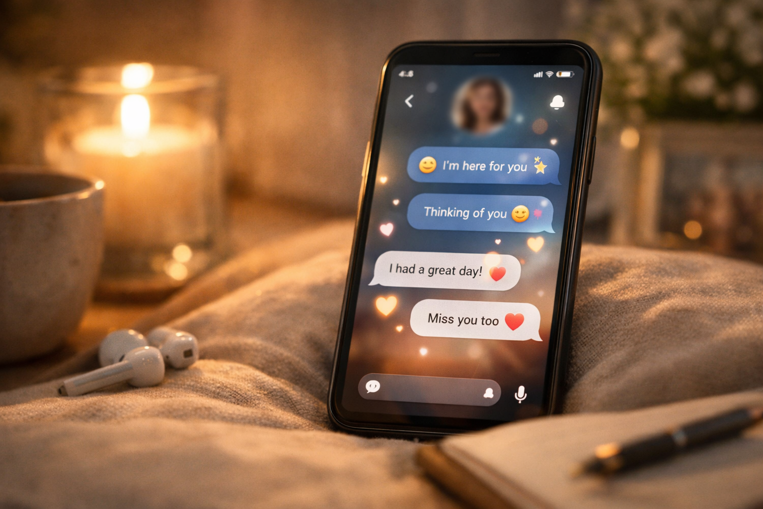 Illustration representing an AI girlfriend app experience, showing a smartphone with abstract chat elements and emotional connection through everyday messaging