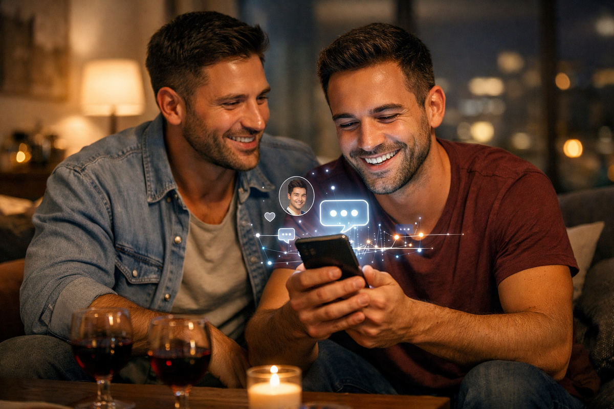 Gay AI companion concept showing two men interacting with a smartphone in a relaxed home environment.
